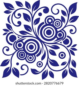A classic ornamental pattern featuring intricate scrolls swirls and geometric circles rendered in a rich blue hue. This elegant decorative motif offers a timeless aesthetic suitable for borders backgrounds and artistic layouts that require a sophisticated vintage look and a balanced harmonic structure.