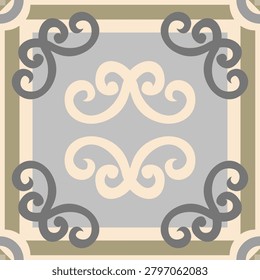 Classic ornamental tiles pattern featuring bold scrolling motifs symmetrical framing. Seamless European decorative delicate arts ideal for luxury wallpaper ceramic products premium textile mosaic silk