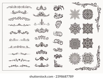 Classic ornaments set. Retro black thin line ornate design element collection for wedding invitation text frame, greeting card, web banner. Victorian floral pattern typographic flourish separator