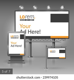 Classic outdoor advertising design for company with black and orange square elements. Elements of stationery.