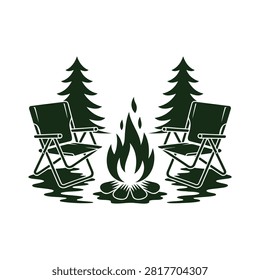 Classic outdoor camping scene with two folding chairs a warm campfire and evergreen trees for wilderness adventure