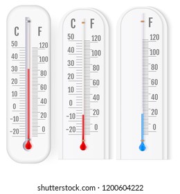 Classic outdoor and indoor fahrenheit and celsius thermometers set for meteorological measurements realistic vector illustration