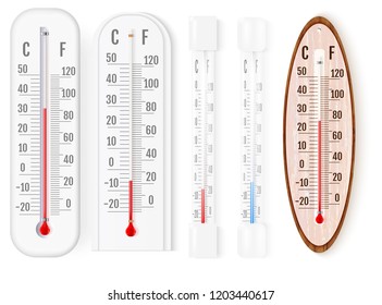 Classic outdoor and indoor fahrenheit and celsius thermometers set for meteorological measurements realistic vector illustration