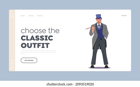 Classic Outfit Landing Page Template. Elegant Confident Man of Nineteenth Century Smoking Mouthpiece. English Gentleman in Frock Coat, Monocle Eyeglass and Top Hat. Cartoon Vector Illustration.