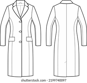 Classic overcoat flat sketch. Coat apparel design. Front and back. Women CAD mockup. Fashion technical drawing template. Vector illustration. 