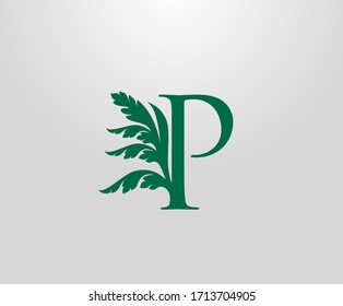 Classic P Letter Luxury Logo. Letter P With Green Floral Shape design perfect for fashion, Jewelry, Beauty Salon, Hotel Logo. Cosmetics, Spa Logo. Resort and Restaurant Logo. 
