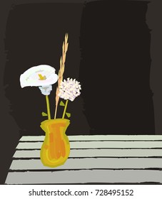 Classic painting style. A white lily and a geranium in a vase on a table. Vector painting. Isolated. Card, poster, flyer, cover, book, wallpaper, notebook, invitation.