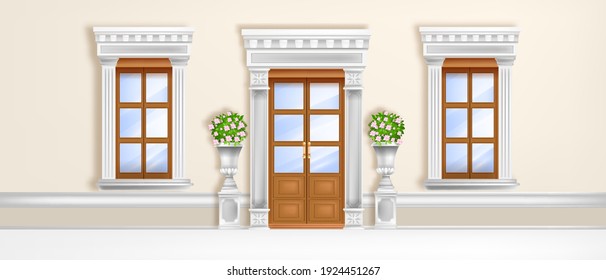 Classic palace door, roman windows front view with marble pillars, portal, vases, blooming roses, wall. Architecture traditional facade illustration with wooden antique entrance. Palace double door