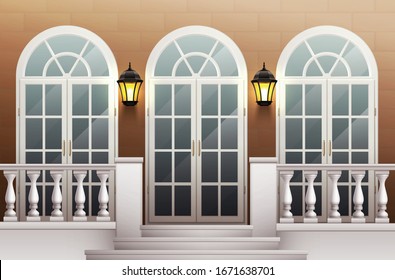 Classic palace facade with glass front door porch and terrace with balustrade realistic background vector illustration