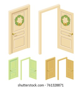 Classic panel doors  with christmas wreath, in open and closed position. Isometric 3d set in realistic cartoon style. Several colors ,  easy to recolor with one click.