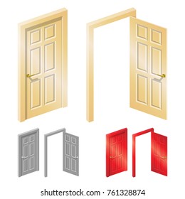 Classic panel doors in open and closed position. Isometric set in realistic cartoon style. Several colors, easy to recolor with one click.