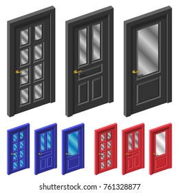 Classic panel doors in open and closed position. Isometric 3d set in realistic cartoon style. Several 
colors ,  easy to recolor with one click.