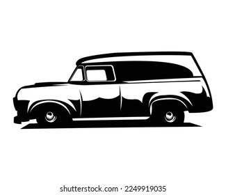 classic panel trucks for sale silhouette. isolated white background view from side. best for badge, emblem concept, icon, old truck car industry.