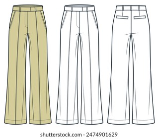 Classic Pants technical fashion illustration. Wide Leg Pants fashion flat technical drawing template, front stripe, front arrow, front and back view, white, yellow, women, men, unisex CAD mockup set.