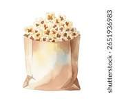 Classic paper bag overflowing with fluffy, golden popcorn vector illustration.
