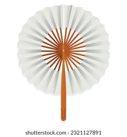 Classic paper hand fan on wooden stick elegant round wind cooling accessory isometric vector illustration. Traditional oriental culture folding decorative souvenir stylish garment element for waving