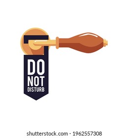 Classic paper or plastic tag on closed wooden door handle. Black hanger with text Do not disturb. Warning sign of privacy and relax for hotel, resort room. Vector illustration