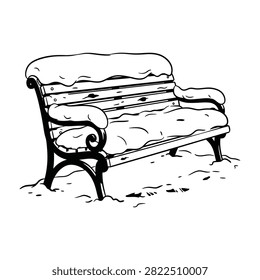 A classic park bench partially covered in fresh white snow during the winter, featuring elegant metal scrollwork and wooden slats, isolated on a clean background.