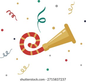 Um soprador de festa clássico (ruidoso) com um design vermelho e dourado, rodeado por confetes flutuantes e galhardetes. Perfeito para a véspera de Ano Novo, festas de aniversário, banners de celebração e cartões de felicitações de feriado.