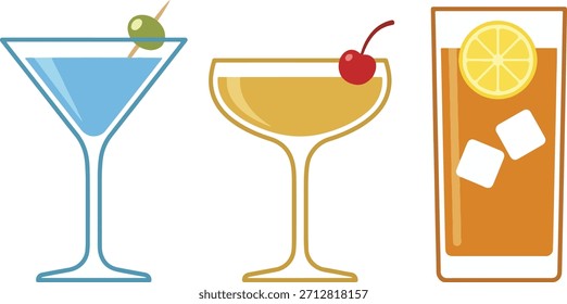 Grupo clássico do coquetel do coquetel. Martini plano e champanhe ilustrações de vidro