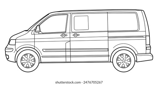 Classic passenger van bus car. Side view shot. Outline doodle vector illustration