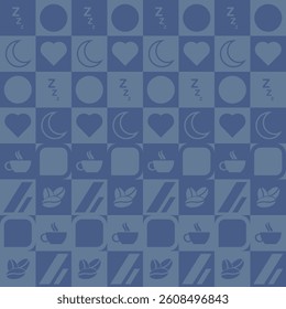 classic pattern consisting of, coffee beans, cups, night moon, circles, lines, love, sleep