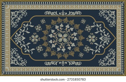 Classic pattern in dark blue with gold accents, vintage floral style, giving a luxurious and cool look. Suitable for fashion outfits, photography, headwraps, scarves, headbands, everyday use, vintage street looks, carpet work, textile and fabric work, fabric pattern printing, interior decoration, fashion, and handicrafts.