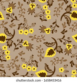 Classic pattern with flowers and berries in yellow and brown colors. For textiles, background, packaging paper, fabric.