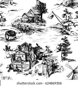 Classic Pattern with Old town,village; scenes of fishing in Toile de jouy style in white and black color