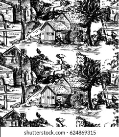 Patrón clásico con casco antiguo, pueblo; escenas de la vida rural al estilo de Toile de jouy, paisajes en blanco y negro