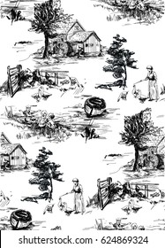 Classic Pattern with Old town,village; scenes countryside life in Toile de jouy style in beige and red color,landscapes