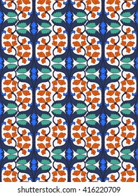 classic pattern on white background red flowers with blue green foliage