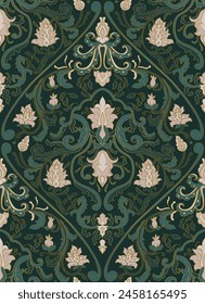 Classic pattern with ornamental flowers. Green floral damask ornament. Seamless background for wallpaper, textile, carpet and any surface. 