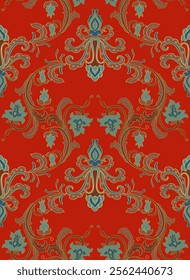 Classic pattern with ornamental flowers. Red floral damask ornament. Seamless background for wallpaper, textile, carpet and any surface.