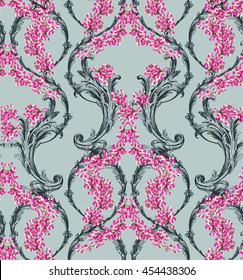 Classic pattern with scrolls and small bright flowers in baroque style on grey background