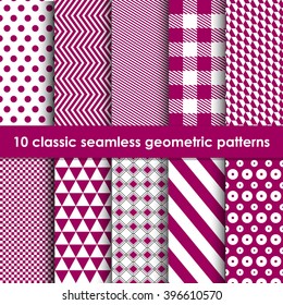 Classic patterns. Set of 10 vinous geometric seamless patterns. May be used as background, backdrop, invitation card etc.