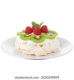 Sobremesa de pavlova clássica coberta com chantilly, morangos frescos, mirtilos e folhas de hortelã
