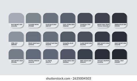 Classic Payne's Gray Color Palette. sweet grayish Tones Swatch Chart with HEX Codes and Color Names. Light and Muted Gray Variants Infused Deep and Moody Payne’s Gray Tones Tone Palette. Gray Colors