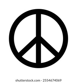 Classic peace symbol in black and white. Minimalistic design representing harmony, nonviolence, and unity. Vector illustration with white isolated background.