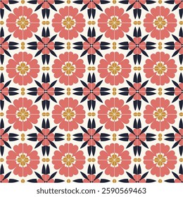 Classic Peach and Beige Floral Tile Seamless Pattern with Structured Details