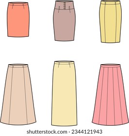 Classic pencil and flared skirt flat sketch. Business wear apparel design. Women CAD mockup. Fashion technical drawing template. Vector illustration.