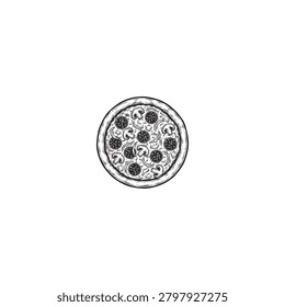 Classic pepperoni pizza pie top view sketch with pepperoni illustration monochrome isolated background restaurant delicious