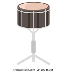 Instrumento de percusión clásico - tambor. Tambor musical de metal en el estrado. Estilo de dibujo plano. Aislado sobre un fondo blanco.