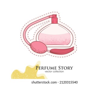 Classic Perfume bottle illustration. Glamour fragrance isolated icon. Woman perfume atomizer in retro bottle sticker graphic sign for advertising design, logo related to perfumery, woman cosmetics.