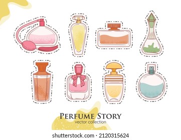 Classic Perfume illustrations. Glamour fragrances icons set. Sticker set of woman perfume in different design bottles. 