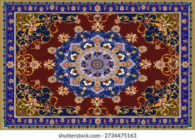 Ein klassisches Teppichdesign im persischen Stil mit einer hochsymmetrischen Komposition und einem aufwändigen zentralen Medaillon, das aus geschichteten geometrischen und floralen Motiven besteht. Der dunkelblaue Hintergrund ist mit roten, beigen, cremefarbenen, goldenen und grünen Akzenten angereichert, was ein luxuriöses und elegantes visuelles Gleichgewicht schafft. Verzierte arabeske Reben und florale Muster erstrecken sich in Richtung der reich verzierten mehrschichtigen Grenze, die traditionelle orientalische Handwerkskunst widerspiegelt. Geeignet für Teppiche, Textilien, Tapeten, dekorative Hintergründe und erstklassige Anwendungen im Innenausbau.