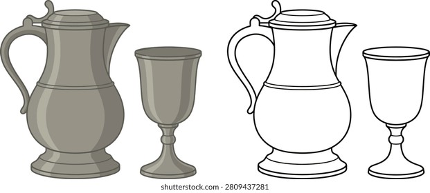 A classic pewter pitcher and goblet are depicted in both colored and outline versions
