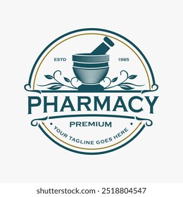 Classic Pharmacy Emblem Design with Natural Elements with Traditional Style Mashing Tool Bowl and Retro Vintage Leaf Vector Illustration