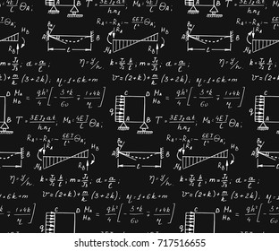 Classic physics seamless pattern with the equations, figures, schemes, plots and other calculations on blackboard. Vintage handwritten vector Illustration.