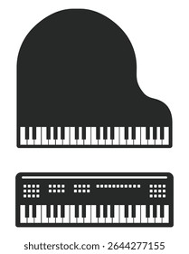 instrumento clássico da música do piano e sintetizador eletrônico com conjunto de ícones do teclado